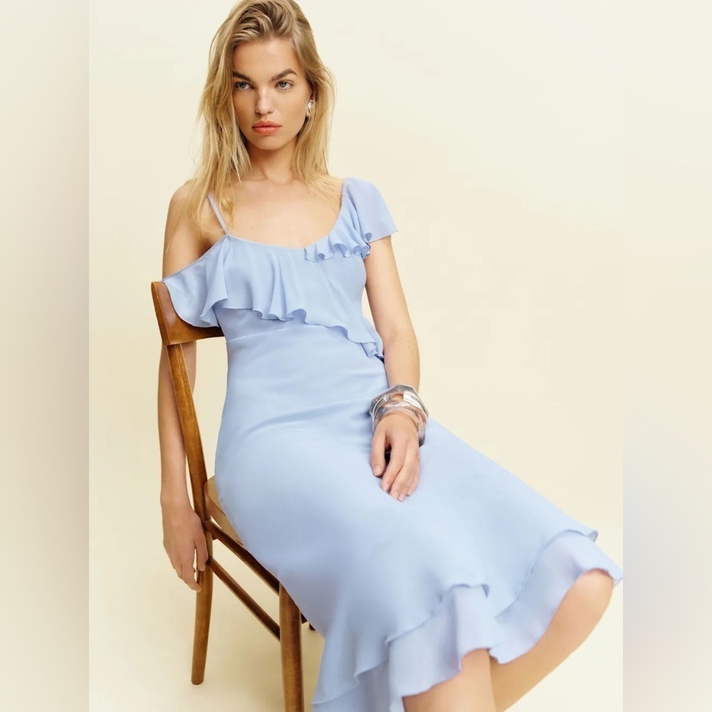 NEW Reformation Martine Midi Asymmetric Dress Ice Water Light Blue | size XS - Picture 6 of 14